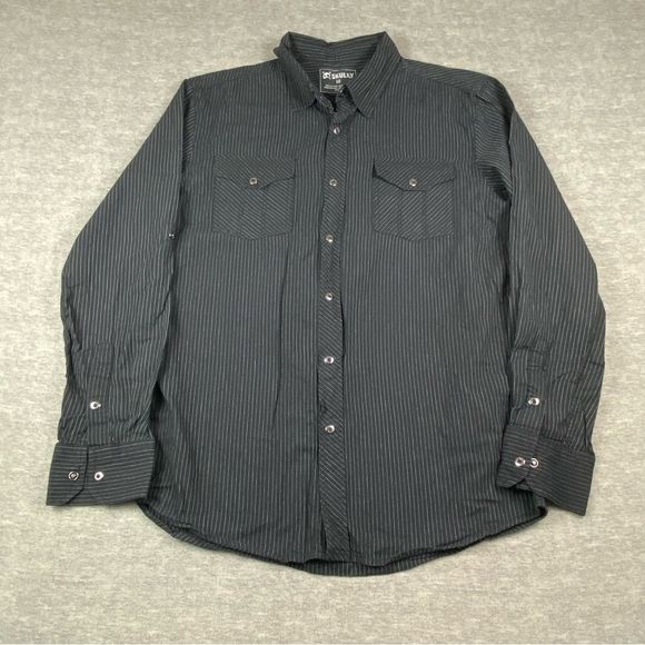 Skully Mens Shirt Black & White Pinstripe Pocketed Pearl Snap Button Down Sz. M - Picture 1 of 7